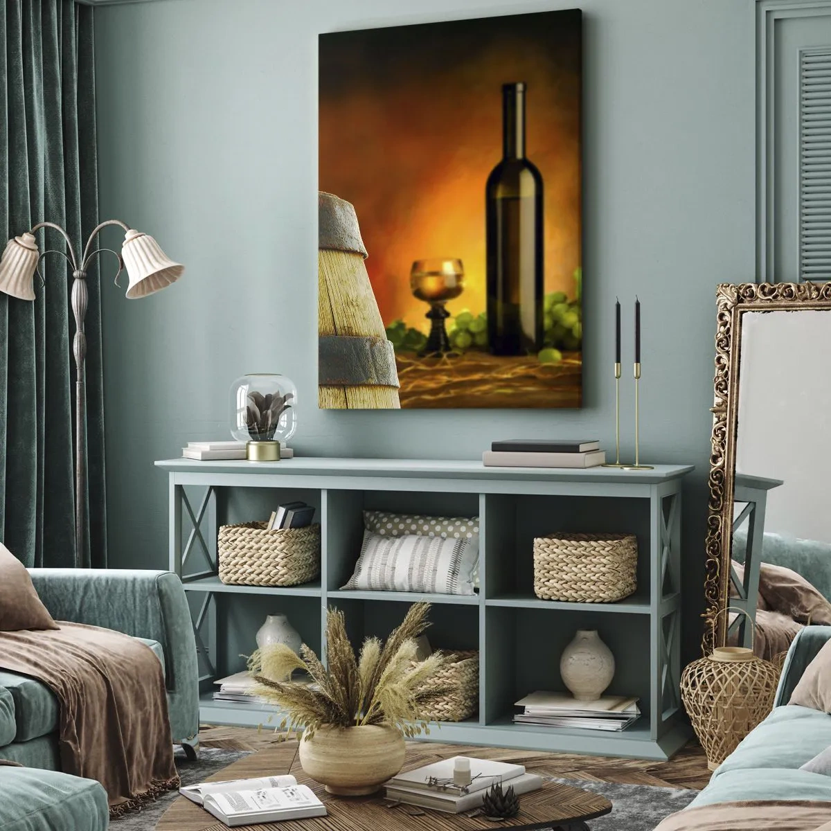 Bild auf Leinwand - Leinwandbild - Trauben auf einem Weinfass mit warmer Farbgebung im Hintergrund - 50x70cm - Stillleben mit einer Flasche Wein und einer Weintraube - Moderne Wanddekoration für Wohnzimmer und Schlafzimmer ARTTOR