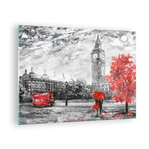Glasbild - Bild auf glas - Big Ben mit einem roten Bus und Regenschirm vor einer Kulisse aus Herbstbäumen - 70x50cm - Ein aufregender Tag - Moderne Wanddekoration für Wohnzimmer und Schlafzimmer ARTTOR