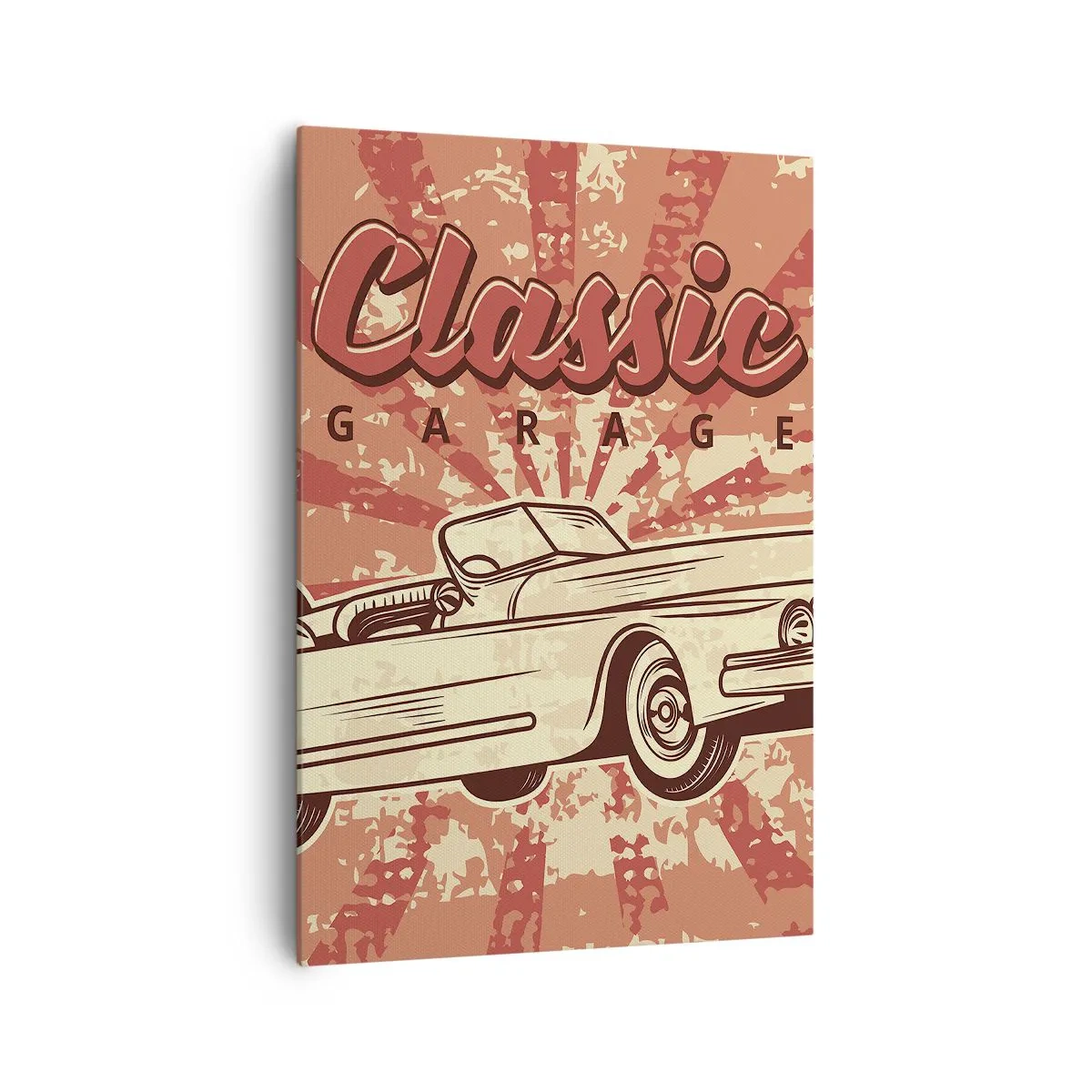 Bild auf Leinwand - Leinwandbild - Retro-Poster mit einem Oldtimer und der Aufschrift „Classic Garage“ - 70x100cm - Und im Radio, Elvis - Moderne Wanddekoration für Wohnzimmer und Schlafzimmer ARTTOR
