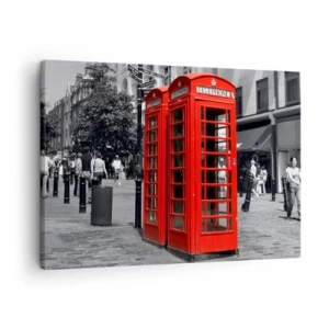 Bild auf Leinwand - Leinwandbild - Rote Telefonzellen vor einer schwarz-weißen Stadtkulisse. - 70x50cm - Rote Telefonzellen - Moderne Wanddekoration für Wohnzimmer und Schlafzimmer ARTTOR