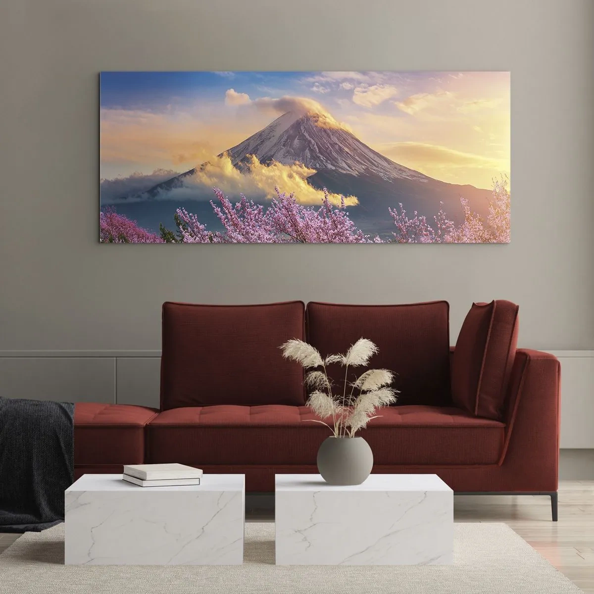 Glasbild - Bild auf glas - Mount Fuji mit Kirschblüten im Hintergrund bei Sonnenuntergang - 160x50cm - Japanische Heiligkeit - Moderne Wanddekoration für Wohnzimmer und Schlafzimmer ARTTOR