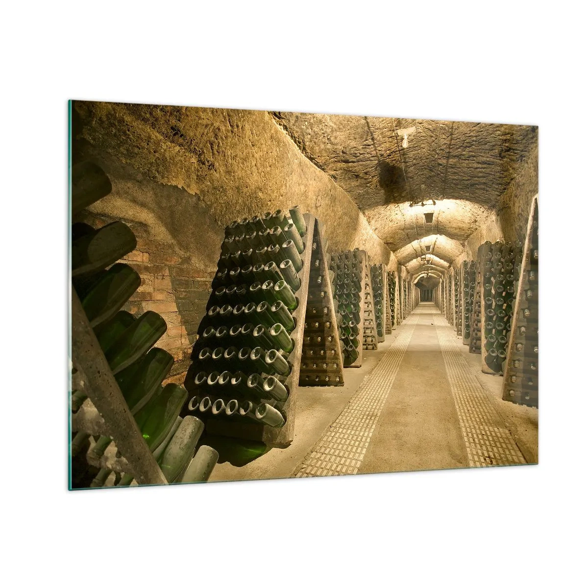 Glasbild - Bild auf glas - Ein Keller mit Weinflaschen, die in Reihen reifen - 100x70cm - Die Geburt des Geschmacks - Moderne Wanddekoration für Wohnzimmer und Schlafzimmer ARTTOR
