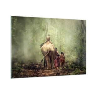 Glasbild - Bild auf glas - Ein Elefant im Wald mit Kindern in traditionellen Kostümen - 100x70cm - Neues Dschungelbuch - Moderne Wanddekoration für Wohnzimmer und Schlafzimmer ARTTOR
