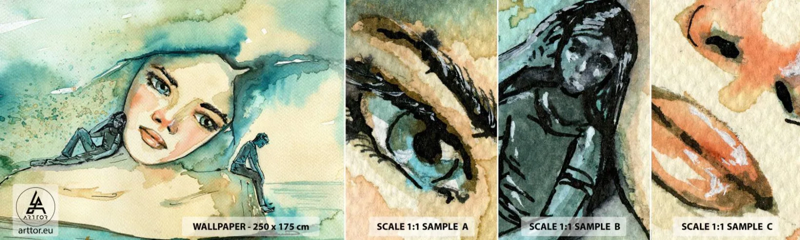 Fototapetenmuster Standard Eco - Bin ich blau? - Abstraktion, Das Gesicht einer Frau, Malerei - 100x30 cm