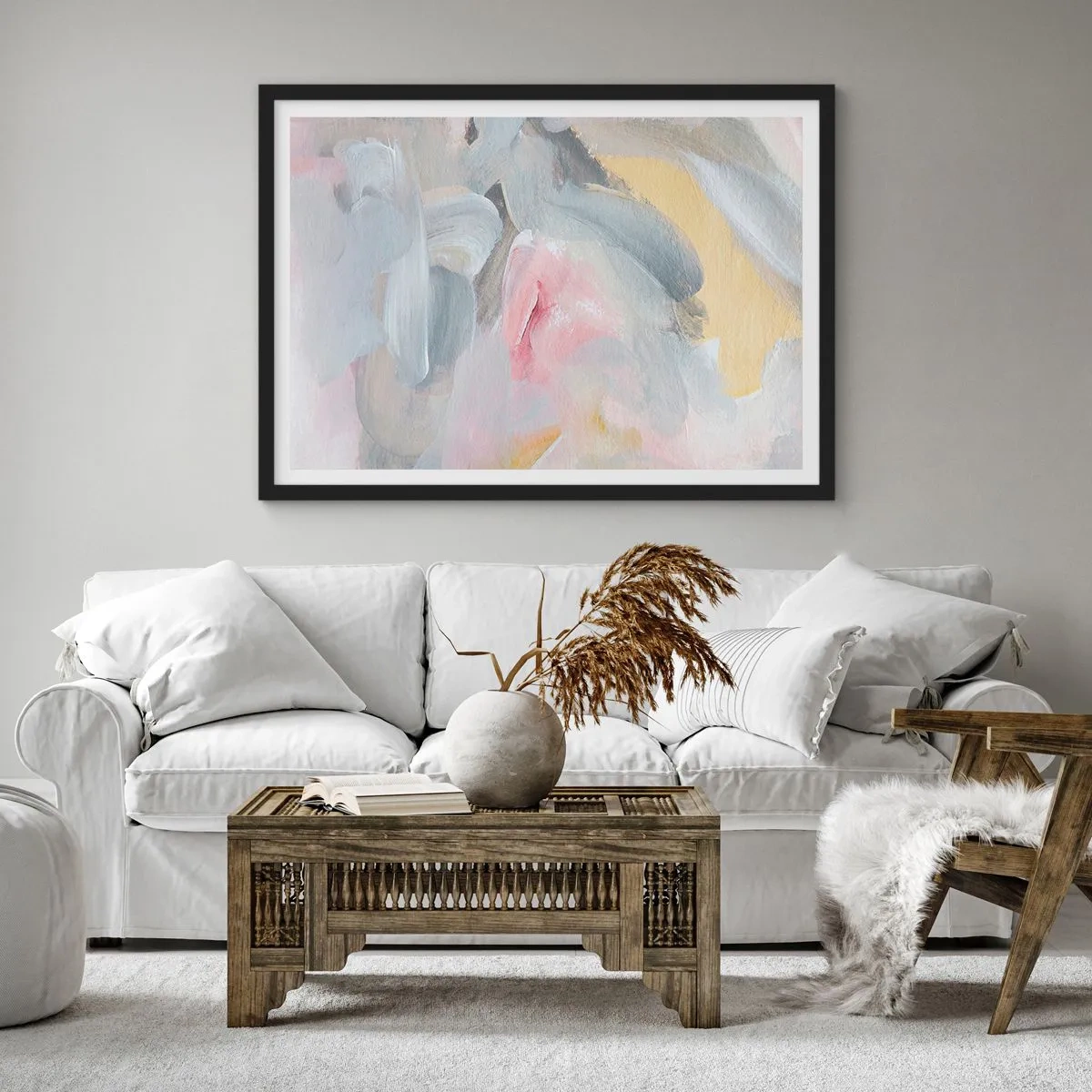 Poster in einem schwarzem Rahmen - Abstrakte Pastellstriche in Rosa- und Grautönen. - 70x50cm - In einer Pastellwelt - Moderne Wanddekoration für Wohnzimmer und Schlafzimmer ARTTOR