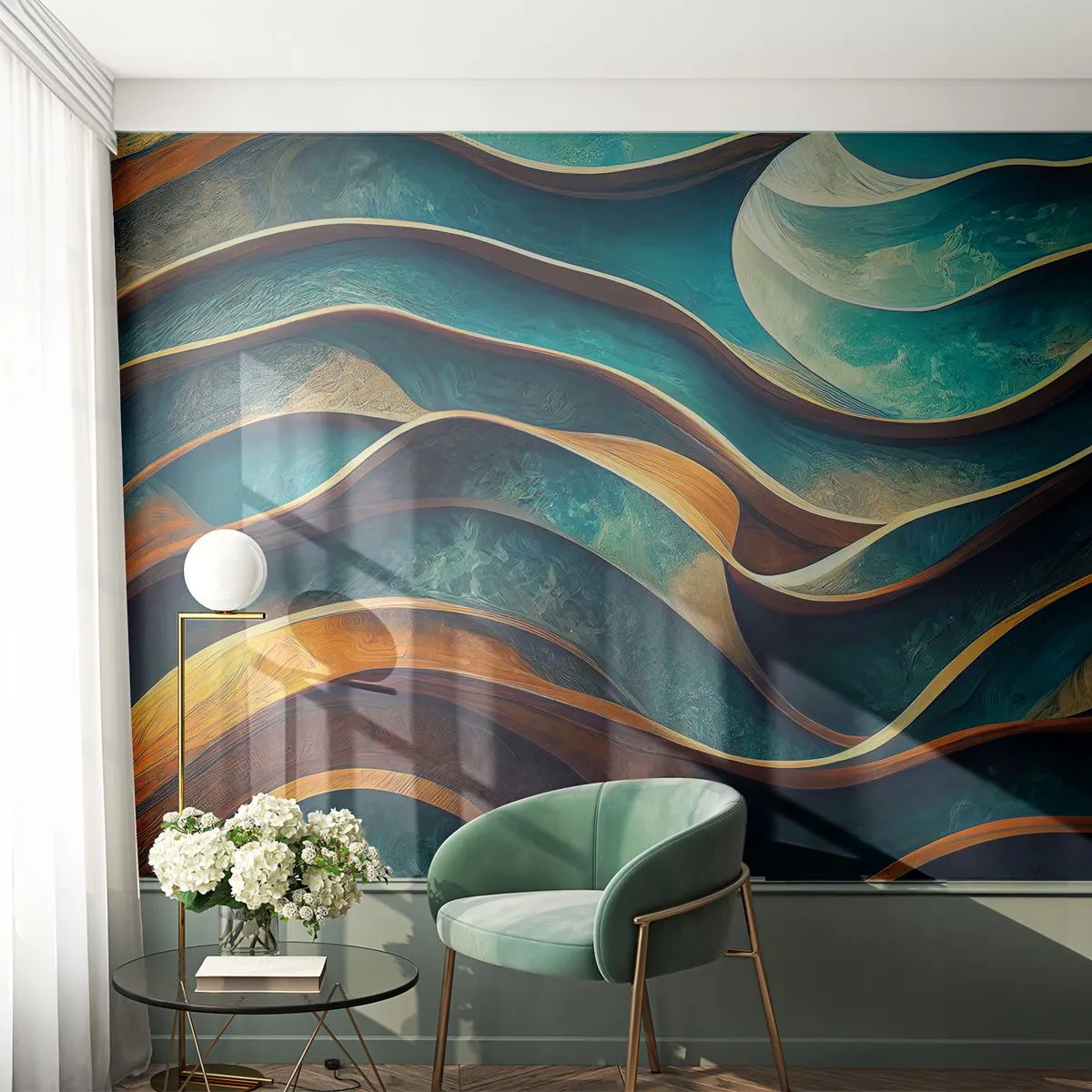 Fototapete Premium Sand - Blaue Mäander - Wellen, Abstraktion, Dreidimensional - 150x105 cm