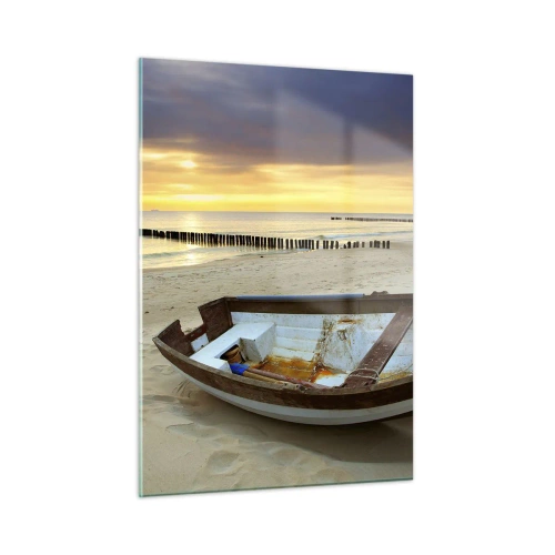 Glasbild - Bild auf glas - Ein Boot an einem Sandstrand bei Sonnenaufgang - 50x70cm - Es gibt keine schöneren Strände - Moderne Wanddekoration für Wohnzimmer und Schlafzimmer ARTTOR