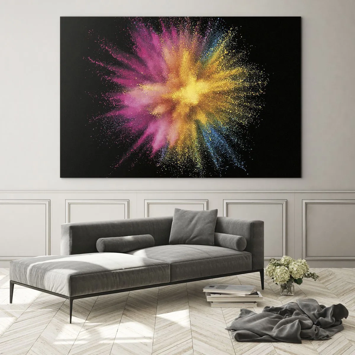 Glasbild - Bild auf glas - Bunte Pulverexplosion auf schwarzem Hintergrund - 120x80cm - Die Geburt der Farben - Moderne Wanddekoration für Wohnzimmer und Schlafzimmer ARTTOR