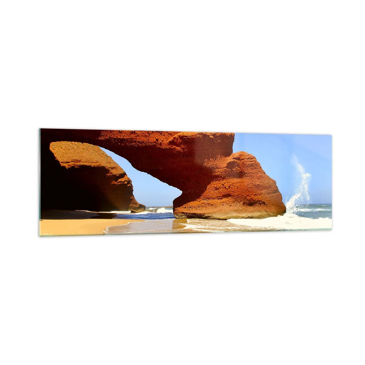 Glasbild - Bild auf glas - Ein natürlicher Felsbogen an einem Strand mit blauem Himmel und Wellen - 160x50cm - Wasser und Wind seit Tausenden von Jahren - Moderne Wanddekoration für Wohnzimmer und Schlafzimmer ARTTOR