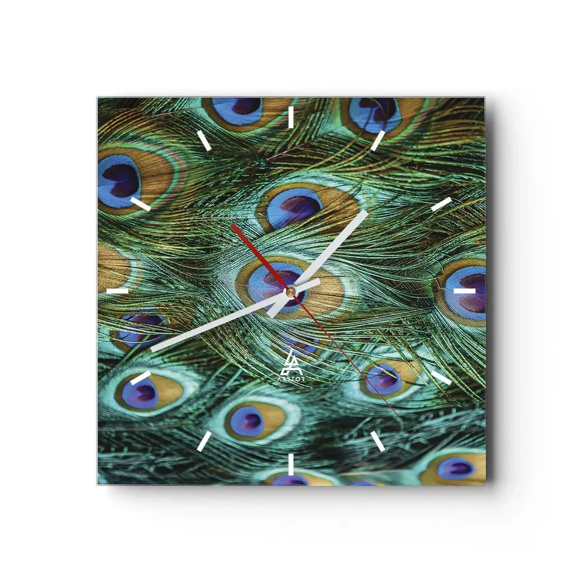 Wanduhr - Glasuhr - Details von Pfauenfedern in satten Farben - 30x30cm - Ein Blick mit Pfauenaugen - Moderne Wanddekoration für Wohnzimmer und Schlafzimmer ARTTOR