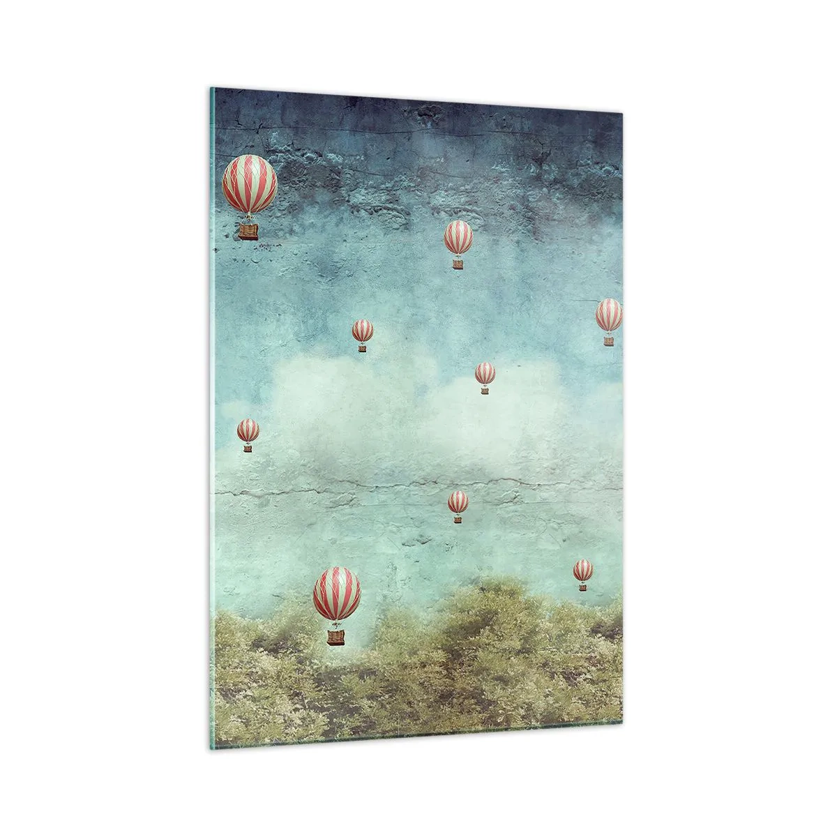 Glasbild - Bild auf glas - Ballons schweben über einer grünen Landschaft - 50x70cm - Frei von der Hektik des Lebens - Moderne Wanddekoration für Wohnzimmer und Schlafzimmer ARTTOR