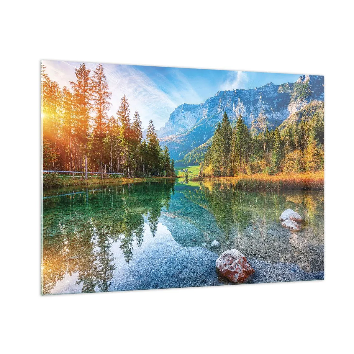 Glasbild - Bild auf glas - Ein Bergsee, umgeben von Wäldern und majestätischen Gipfeln - 100x70cm - Die Sanftheit des Herbstes - Moderne Wanddekoration für Wohnzimmer und Schlafzimmer ARTTOR