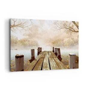 Bild auf Leinwand - Leinwandbild - Ein Holzsteg, der im Morgennebel auf einen ruhigen See führt - 120x80cm - Die milde Traurigkeit des Herbstes - Moderne Wanddekoration für Wohnzimmer und Schlafzimmer ARTTOR