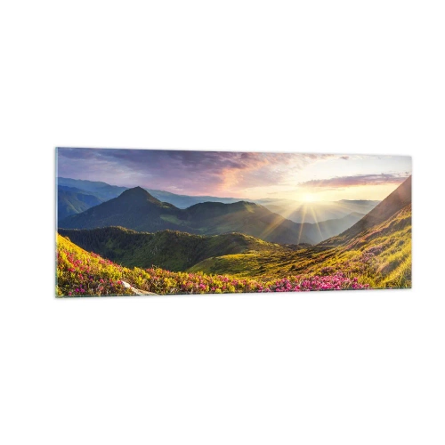 Glasbild - Bild auf glas - Berglandschaft mit blühenden Rhododendren - 140x50cm - Frische am Bergmorgen - Moderne Wanddekoration für Wohnzimmer und Schlafzimmer ARTTOR