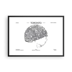 Poster in einem schwarzem Rahmen - Eine Karte von Toronto im minimalistischen Schwarz-Weiß-Stil - 70x50cm - Anatomie von Toronto - Moderne Wanddekoration für Wohnzimmer und Schlafzimmer ARTTOR