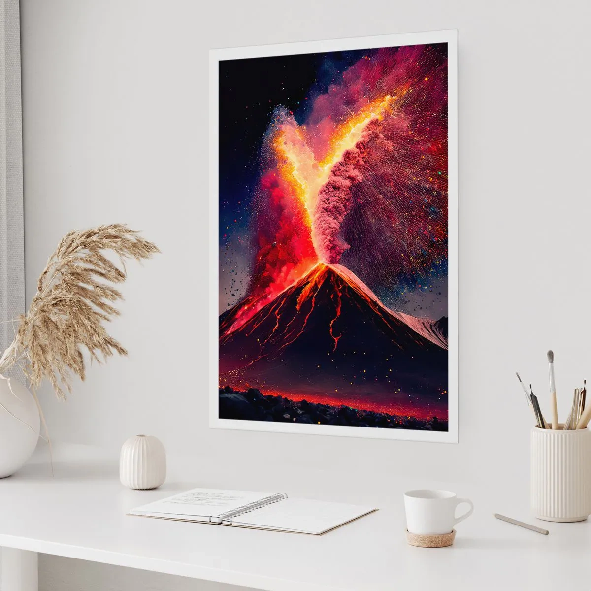 Poster - Ein ausbrechender Vulkan in einer Nachtlandschaft - 50x70cm - Schönheit und Horror - Moderne Wanddekoration für Wohnzimmer und Schlafzimmer ARTTOR