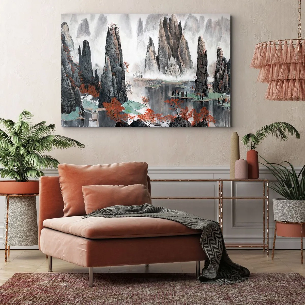 Bild auf Leinwand - Leinwandbild - Malerische Felsen und Bäume in der nebligen chinesischen Landschaft - 70x50cm - Mächtige Wächter - Moderne Wanddekoration für Wohnzimmer und Schlafzimmer ARTTOR
