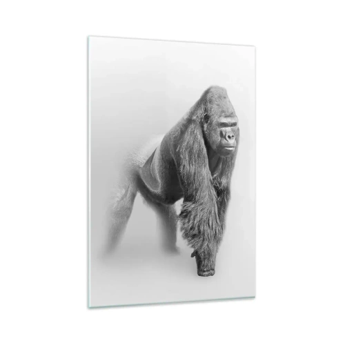 Glasbild - Bild auf glas - Gorilla in monochromen Tönen auf weißem Hintergrund - 80x120cm - Zuversichtlich in seiner Stärke - Moderne Wanddekoration für Wohnzimmer und Schlafzimmer ARTTOR