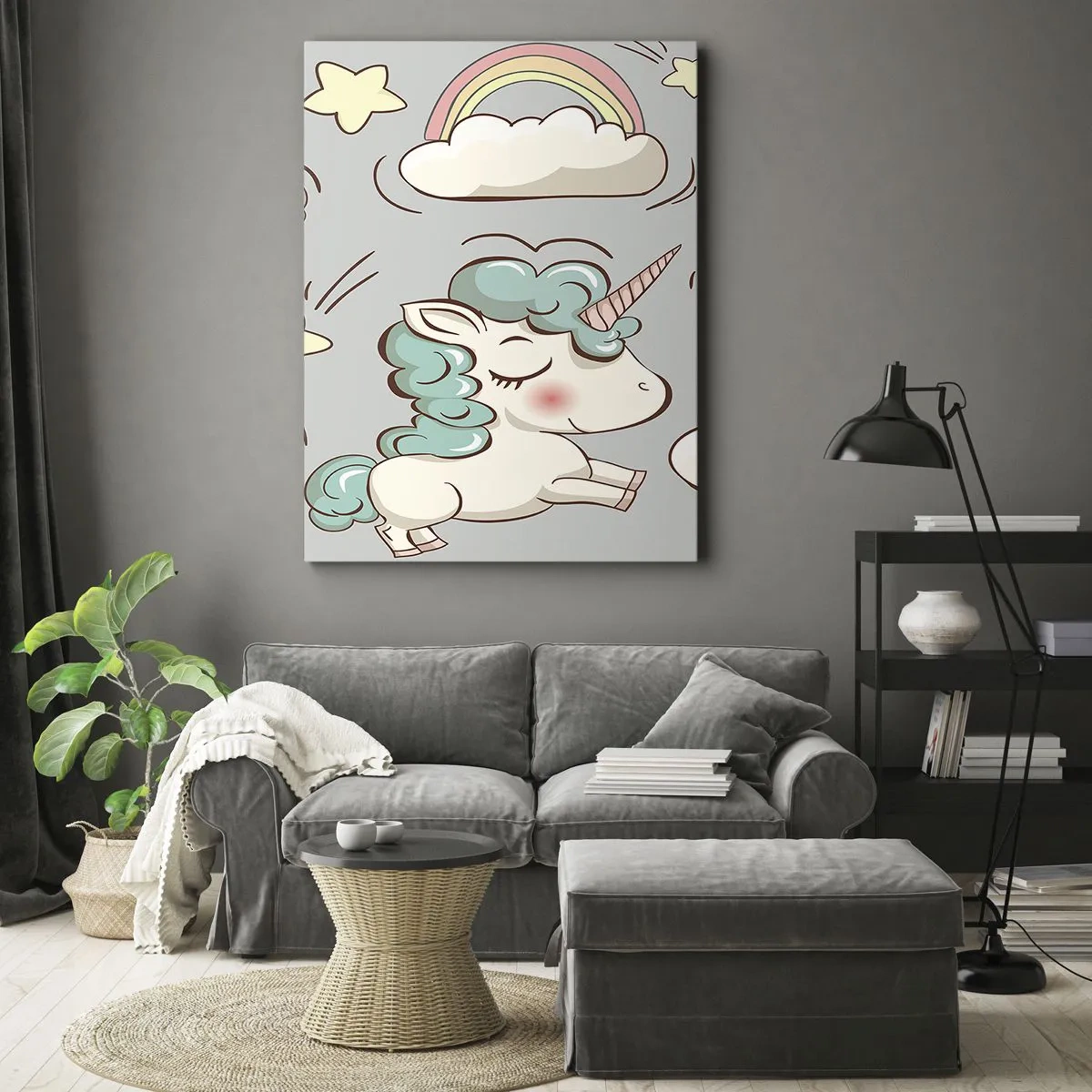 Bild auf Leinwand - Leinwandbild - Niedliche Einhörner auf pastellfarbenem Hintergrund - 50x70cm - Sicherlich gibt es... - Moderne Wanddekoration für Wohnzimmer und Schlafzimmer ARTTOR