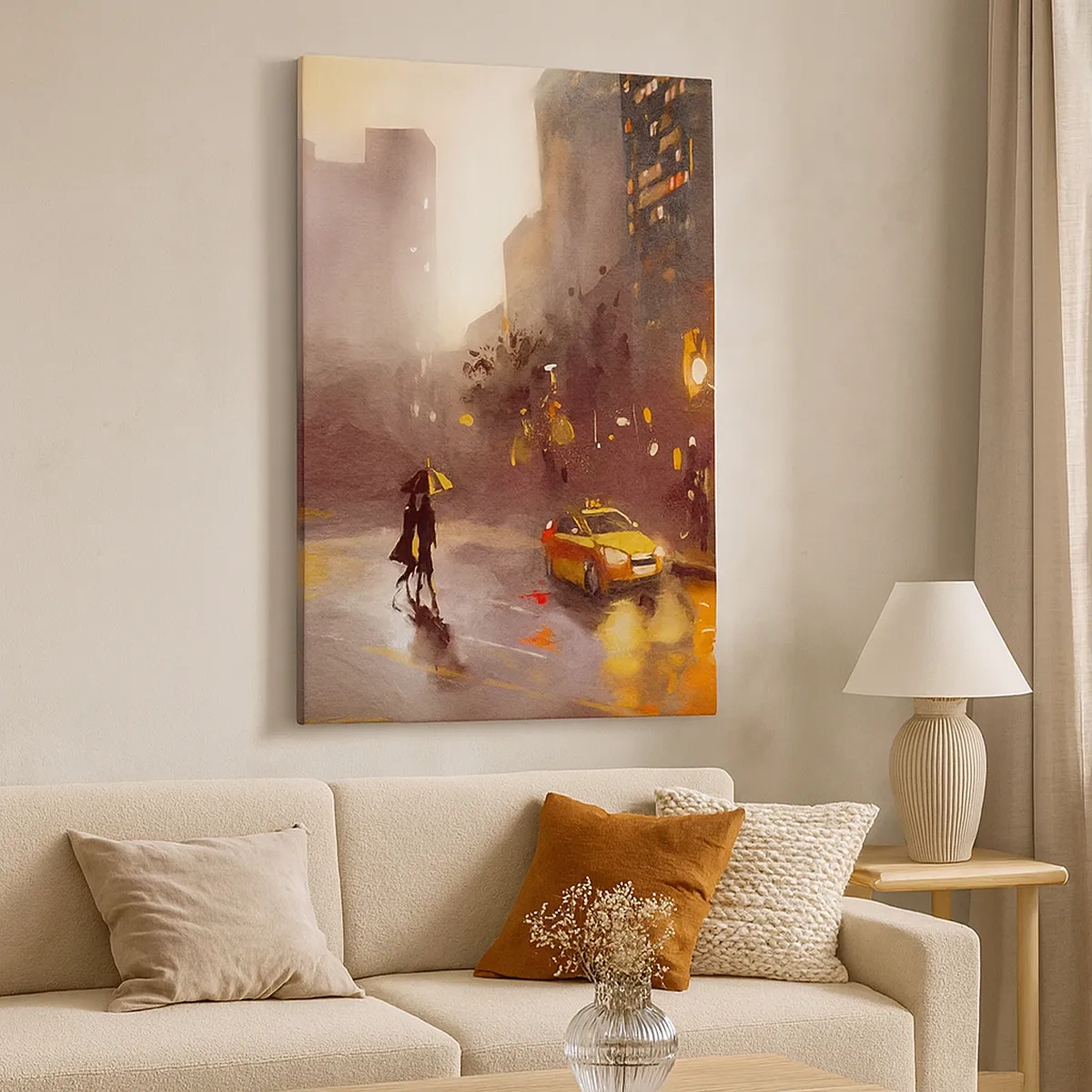 Bild auf Leinwand - Leinwandbild - Eine nächtliche Stadtszene im Licht der Straßenlaternen und Spiegelungen auf einer nassen Straße. - 50x70cm - Im Licht von New York - Moderne Wanddekoration für Wohnzimmer und Schlafzimmer ARTTOR