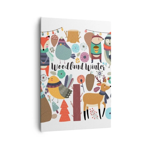 Bild auf Leinwand - Leinwandbild - Winterwaldtiere in farbenfrohen Grafiken - 70x100cm - Märchenhafter Urlaub im Wald - Moderne Wanddekoration für Wohnzimmer und Schlafzimmer ARTTOR