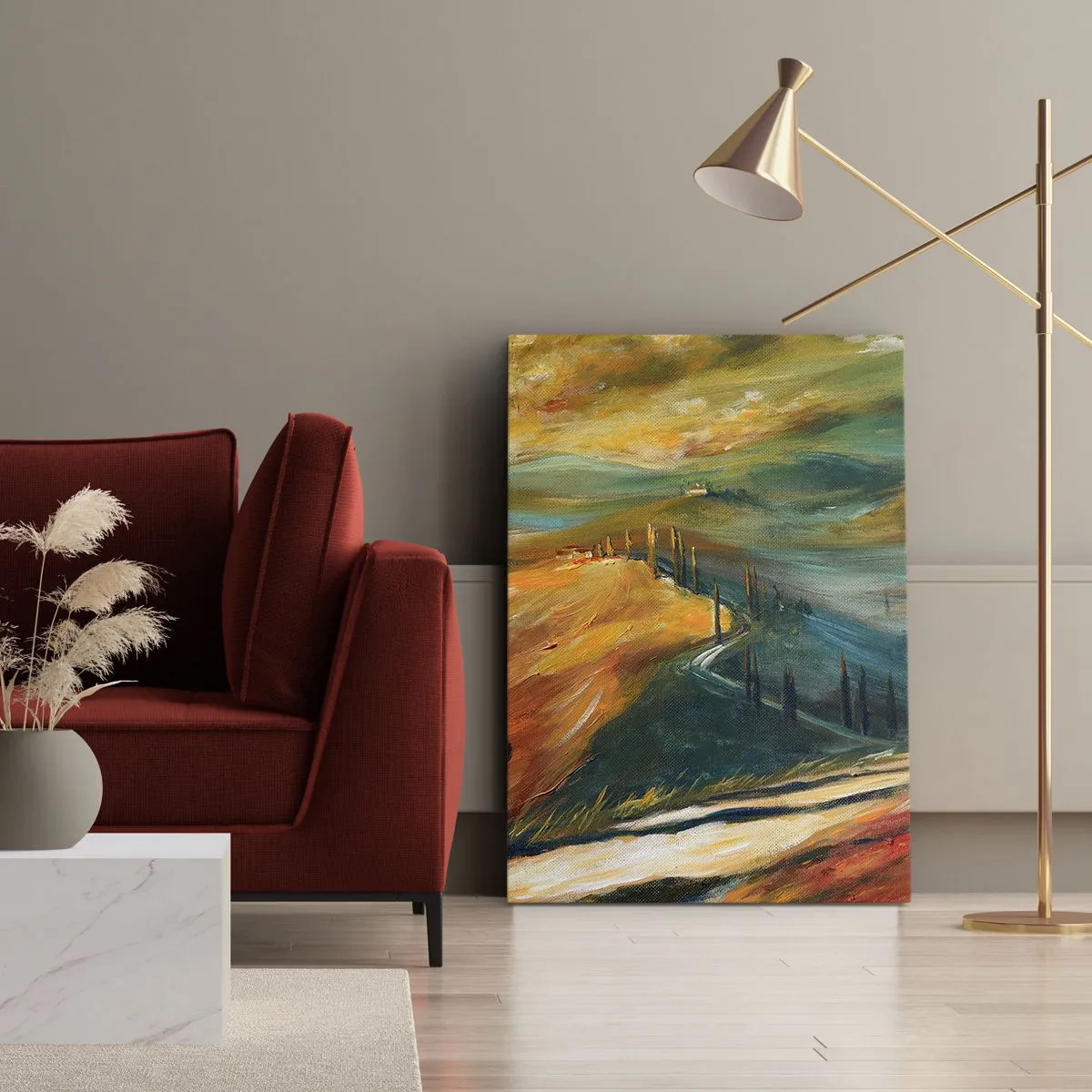 Bild auf Leinwand - Leinwandbild - Toskanische Landschaft mit Feldern, Straße und Zypressen - 80x120cm - Toskanische Landschaft - Moderne Wanddekoration für Wohnzimmer und Schlafzimmer ARTTOR
