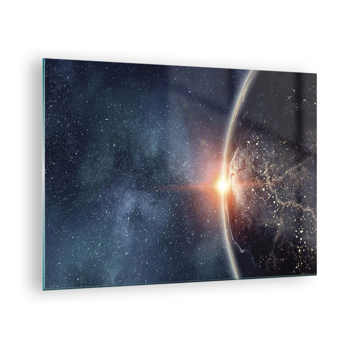 Glasbild - Bild auf glas - Erde, beleuchtet von den Sonnenstrahlen im Weltraum - 70x50cm - In einer neuen Perspektive - Moderne Wanddekoration für Wohnzimmer und Schlafzimmer ARTTOR