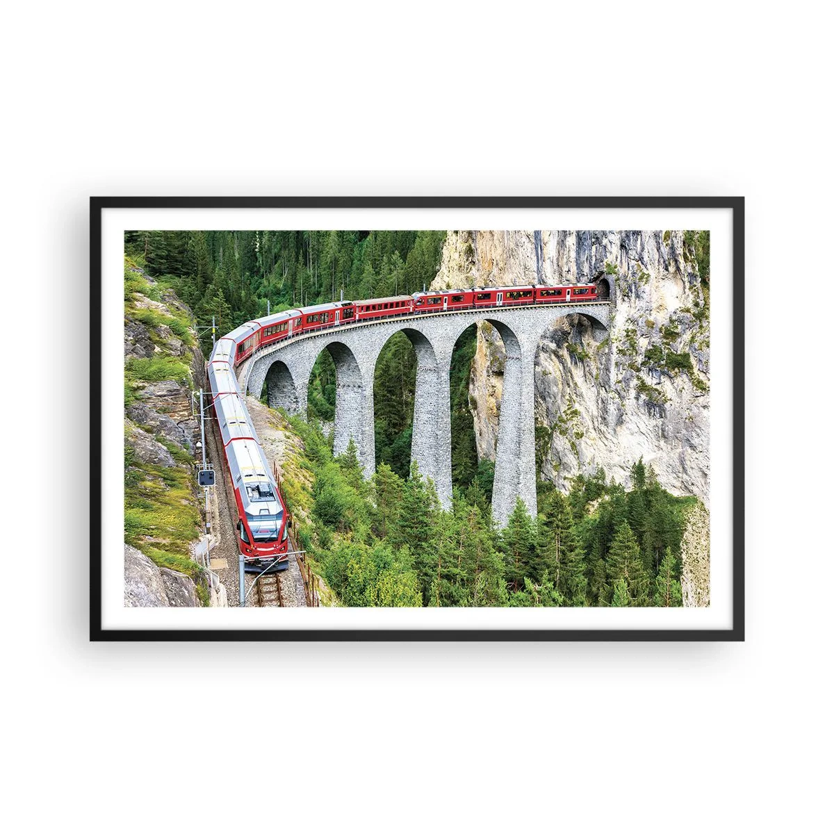 Poster in einem schwarzem Rahmen - Eisenbahn für Bergblick - 91x61 cm