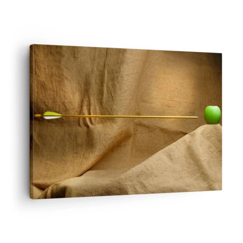 Bild auf Leinwand - Leinwandbild - Grüner Apfel auf Stoff mit einem Pfeil, der eine Komposition ergibt - 70x50cm - Beschwöre den Geist von Wilhelm Tell - Moderne Wanddekoration für Wohnzimmer und Schlafzimmer ARTTOR