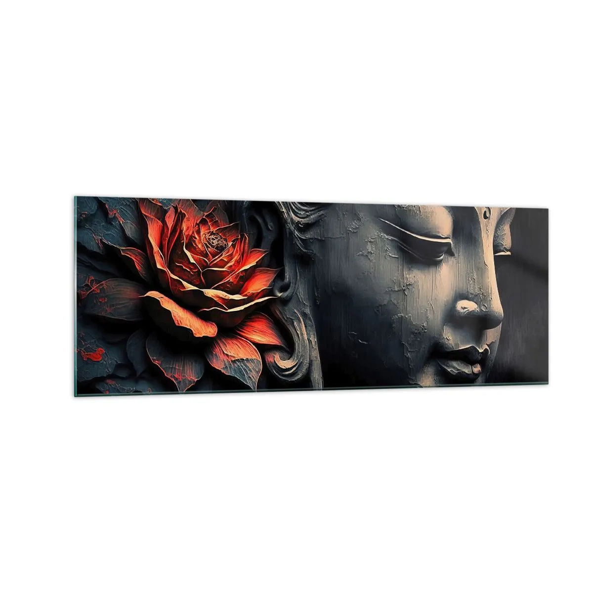 Glasbild - Bild auf glas - Buddha-Skulptur mit einer roten Lotusblüte - 140x50cm - Im Einklang mit der Welt - Moderne Wanddekoration für Wohnzimmer und Schlafzimmer ARTTOR