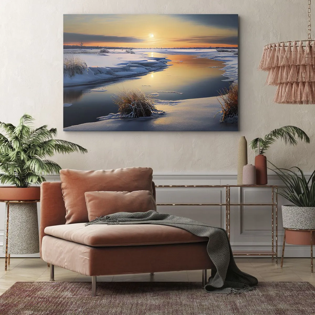 Bild auf Leinwand - Leinwandbild - Winterlandschaft mit einem Fluss bei Sonnenuntergang - 120x80cm - Wintersonnenuntergang - Moderne Wanddekoration für Wohnzimmer und Schlafzimmer ARTTOR