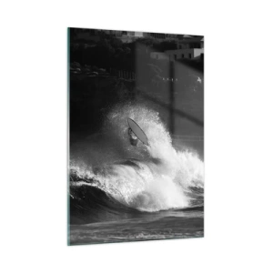 Glasbild - Bild auf glas - Ein Surfer auf einer Welle, festgehalten in einem Schwarzweißfoto - 50x70cm - Herausforderung angenommen! - Moderne Wanddekoration für Wohnzimmer und Schlafzimmer ARTTOR