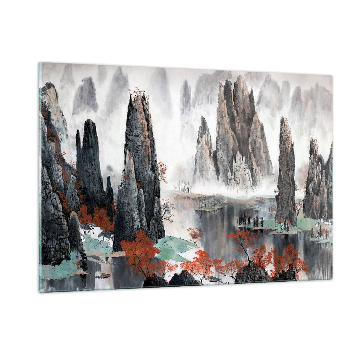 Glasbild - Bild auf glas - Eine malerische Berglandschaft mit nebligen Gipfeln und roten Bäumen - 120x80cm - Mächtige Wächter - Moderne Wanddekoration für Wohnzimmer und Schlafzimmer ARTTOR