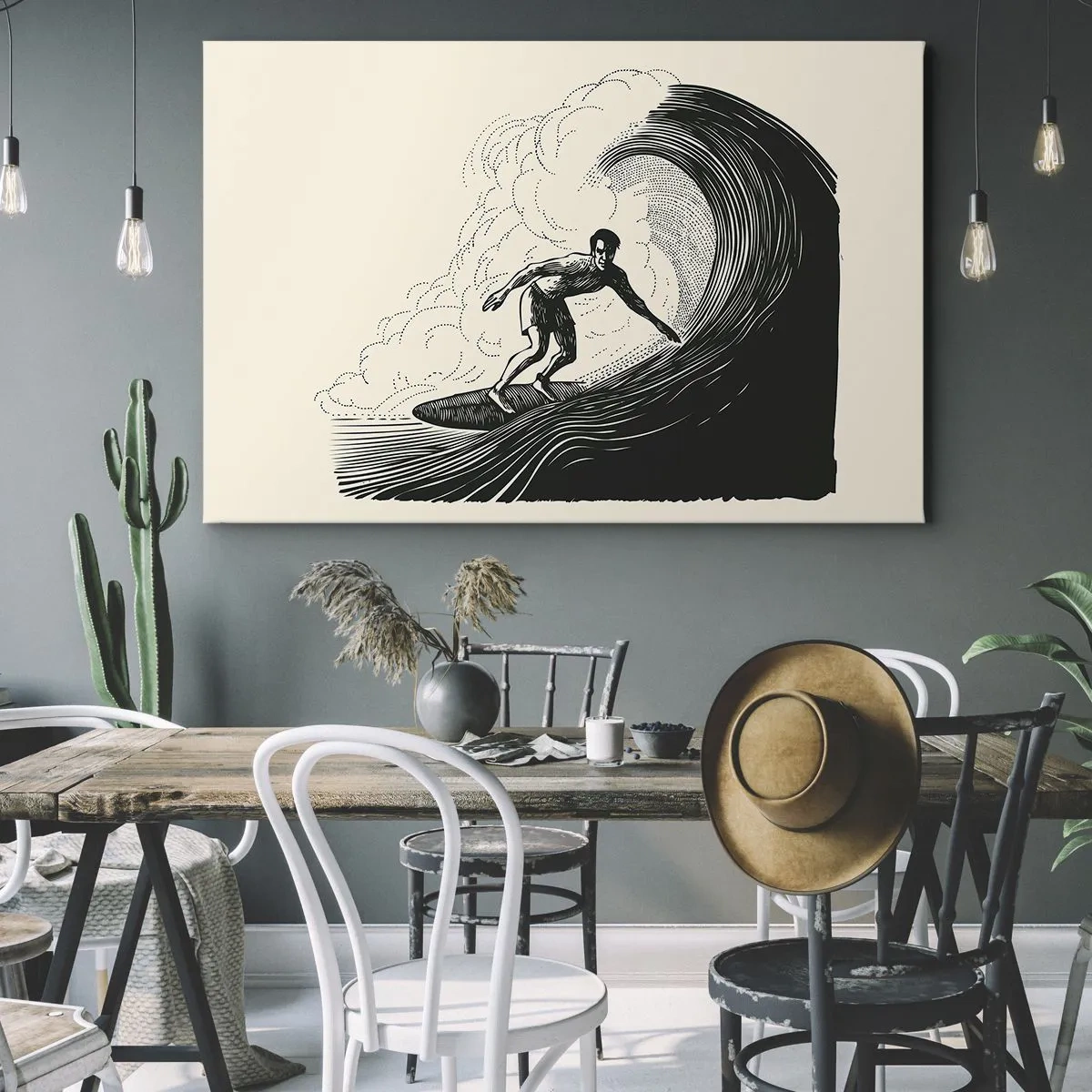 Bild auf Leinwand - Leinwandbild - Schwarz-Weiß-Grafik eines Surfers, der auf einer Welle reitet - 70x50cm - König der Welle - Moderne Wanddekoration für Wohnzimmer und Schlafzimmer ARTTOR