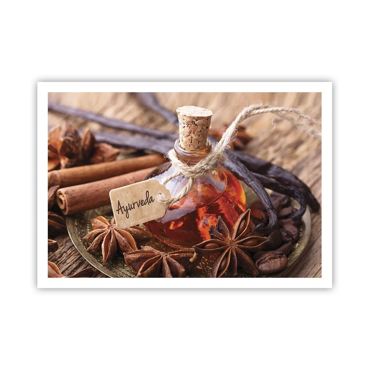 Poster - Eine Flasche Gewürzöl auf einem Tablett - 100x70cm - Zur Einheit von Körper und Geist - Moderne Wanddekoration für Wohnzimmer und Schlafzimmer ARTTOR