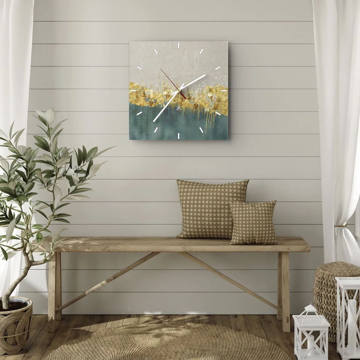 Wanduhr - Glasuhr - Goldene Akzente auf grün-beigem Untergrund - 30x30cm - Goldener Rand - Moderne Wanddekoration für Wohnzimmer und Schlafzimmer ARTTOR