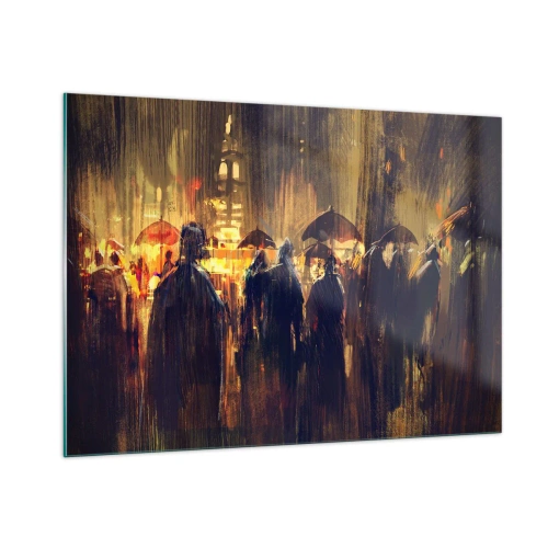 Glasbild - Bild auf glas - Eine Menschenmenge mit Regenschirmen im Regen vor der Kulisse der Lichter der Stadt - 100x70cm - Anhänger des Regens - Moderne Wanddekoration für Wohnzimmer und Schlafzimmer ARTTOR