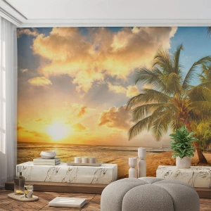 Selbstklebende Fototapete Deluxe Sticker - Ewiger Sommer, immer Urlaub - Landschaft, Strand, Kokusnuss-Palme - 200x140 cm