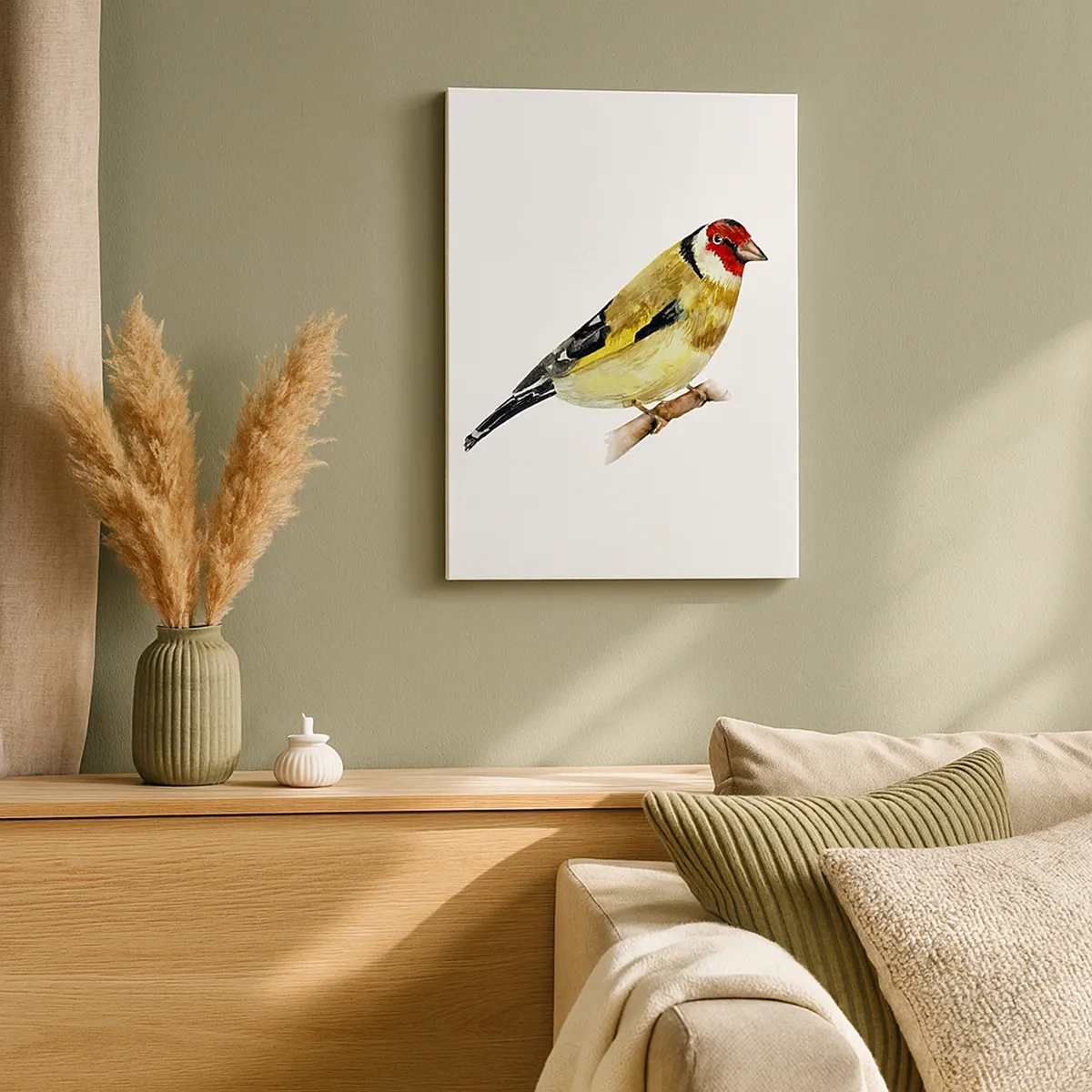 Bild auf Leinwand - Leinwandbild - Ein Vogel mit rotem Kopf auf einem Ast - 50x70cm - Vogelporträt - Moderne Wanddekoration für Wohnzimmer und Schlafzimmer ARTTOR