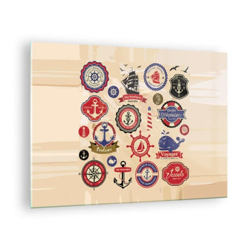 Glasbild - Bild auf glas - Nautische Embleme und Symbole auf beigem Hintergrund - 70x50cm - Segelbruderschaft - Moderne Wanddekoration für Wohnzimmer und Schlafzimmer ARTTOR