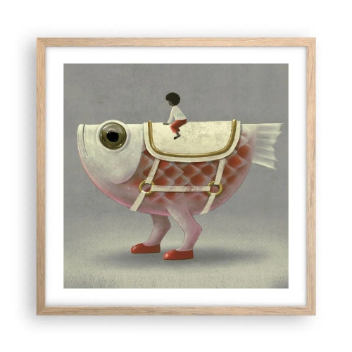 Poster in einem Rahmen aus heller Eiche - Reiter auf einem surrealen Fisch - 50x50 cm