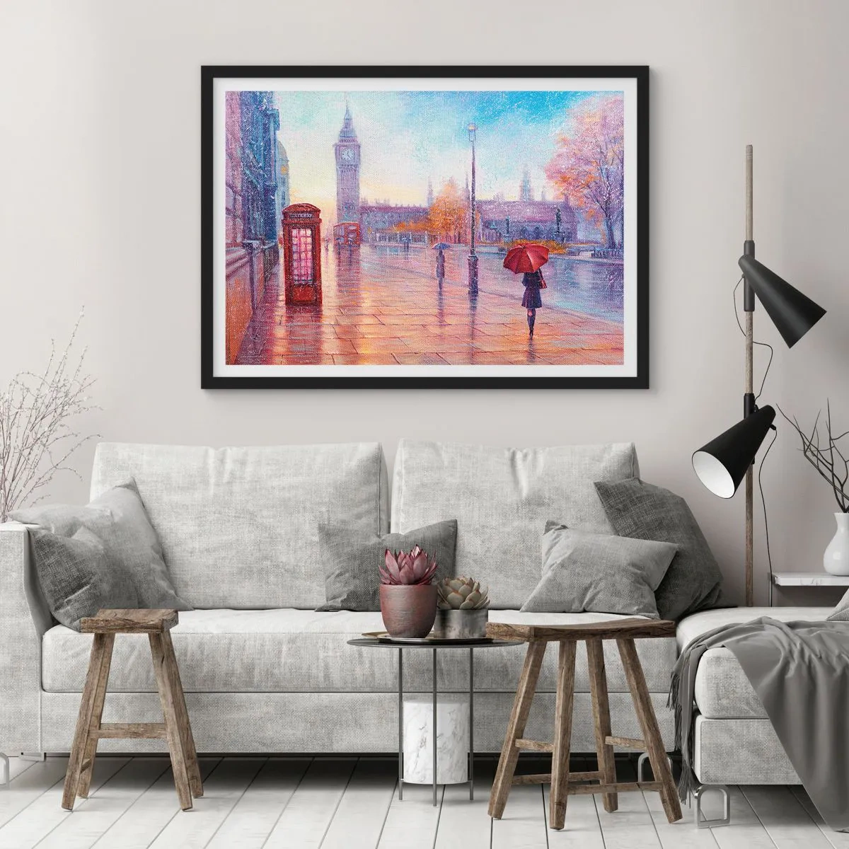 Poster in einem schwarzem Rahmen - Londoner Straße mit Big Ben an einem regnerischen Tag - 100x70cm - Londoner Herbsttag - Moderne Wanddekoration für Wohnzimmer und Schlafzimmer ARTTOR