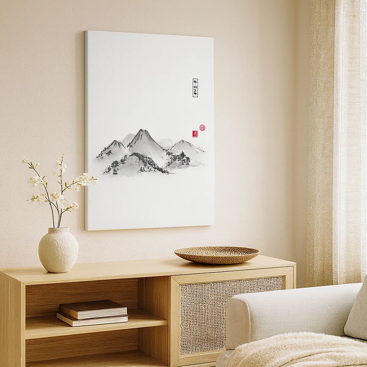 Bild auf Leinwand - Leinwandbild - Traditionelle Berglandschaft im Stil der japanischen Tuschemalerei - 50x70cm - Unendliche Fernen - Moderne Wanddekoration für Wohnzimmer und Schlafzimmer ARTTOR