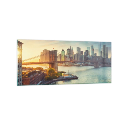 Glasbild - Bild auf glas - Panorama der Stadt mit der Brücke bei Sonnenuntergang - 120x50cm - Morgendämmerung der Großstadt - Moderne Wanddekoration für Wohnzimmer und Schlafzimmer ARTTOR