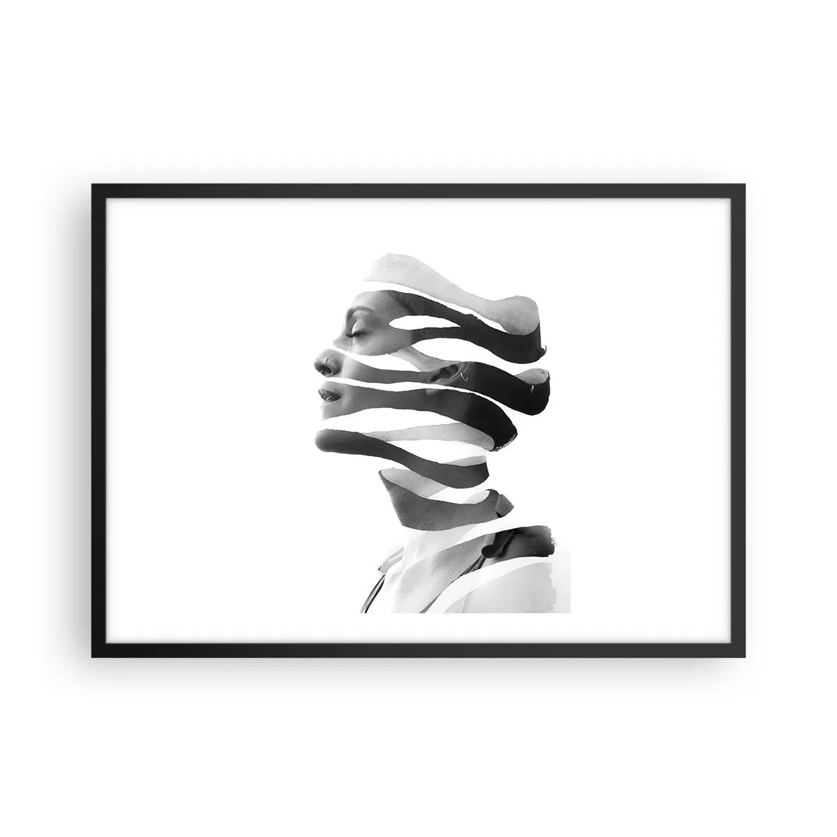 Poster in einem schwarzem Rahmen - Schwarz-Weiß-Porträt einer Frau mit surrealem Streifeneffekt - 70x50cm - Surreales Porträt - Moderne Wanddekoration für Wohnzimmer und Schlafzimmer ARTTOR