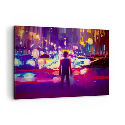 Bild auf Leinwand - Leinwandbild - Ein Mann in einer neonfarbenen Nachtszene einer Stadt - 100x70cm - Eingetaucht in das Licht - Moderne Wanddekoration für Wohnzimmer und Schlafzimmer ARTTOR