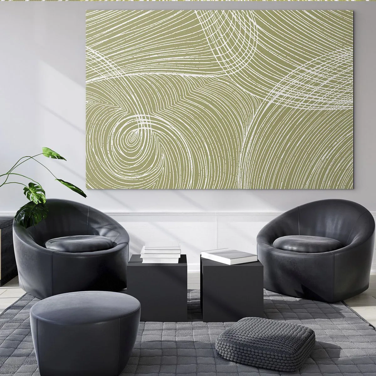 Glasbild - Bild auf glas - Weiße Linien bilden vor einem olivgrünen Hintergrund eine komplexe Struktur. - 120x80cm - Komplizierte Abstraktion in Weiß - Moderne Wanddekoration für Wohnzimmer und Schlafzimmer ARTTOR