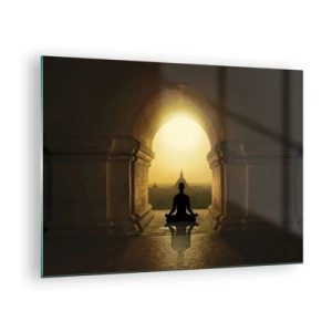 Glasbild - Bild auf glas - Silhouette einer meditierenden Person im Licht der untergehenden Sonne in einem architektonischen Bogen - 70x50cm - Vollkommene Harmonie - Moderne Wanddekoration für Wohnzimmer und Schlafzimmer ARTTOR