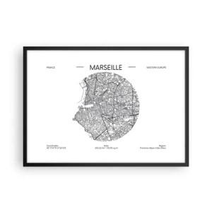 Poster in einem schwarzem Rahmen - Karte von Marseille im minimalistischen Stil - 70x50cm - Anatomie von Marseille - Moderne Wanddekoration für Wohnzimmer und Schlafzimmer ARTTOR