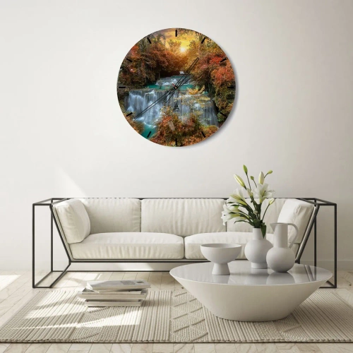 Wanduhr - Glasuhr - Herbstlandschaft mit Wasserfall im Licht der untergehenden Sonne - 30x30cm - Versteckter Schatz des Waldes - Moderne Wanddekoration für Wohnzimmer, Küche und Schlafzimmer ARTTOR